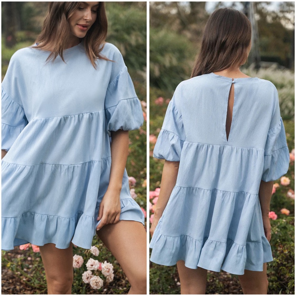 Cupshe Light Blue Ruffled Puff Sleeve Mini Dress Size L‎ NEW